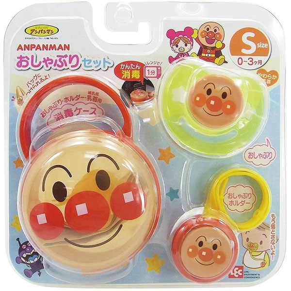 Lec Anpanman Pacifier Set 面包超人 安抚奶嘴 面包超人系列 套装带消毒盒子带防丢链 安抚宝宝用奶嘴 S号/M号