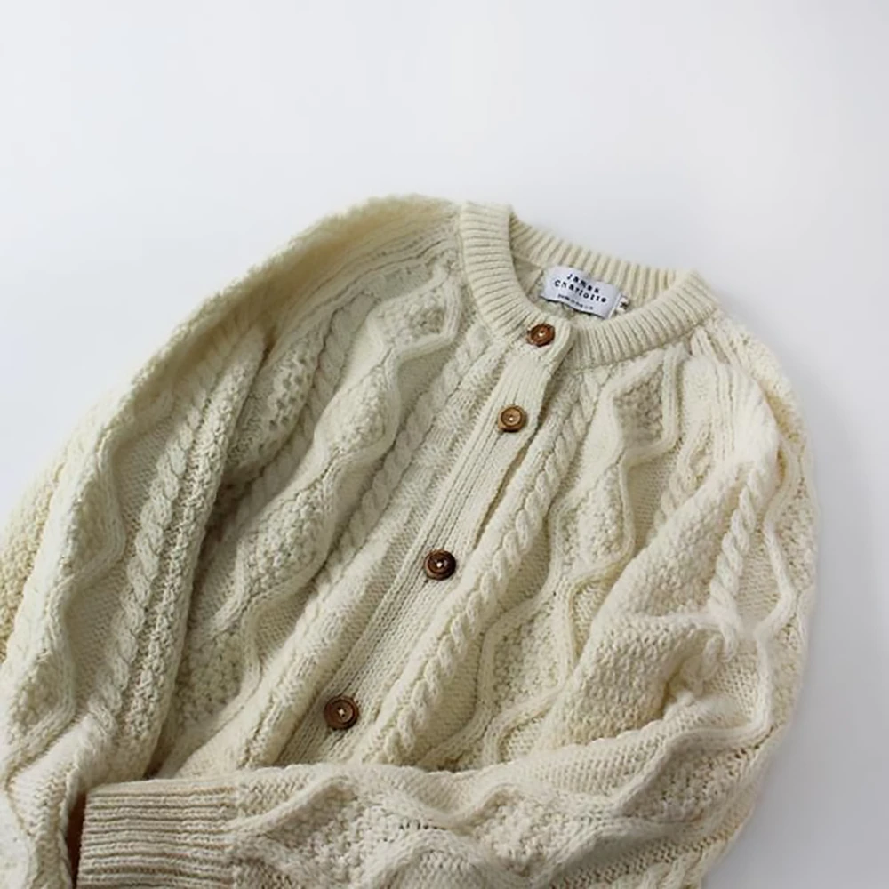 Good Condition James Charlotte James Charlotte Aran Knit Cardigan Crew Neck 36/Ivory Cable Knitting [2400013303675]