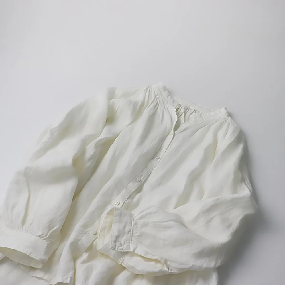 Arte Povera Altepopovella Linen Gather Stand Color Long Sleeve Shirt F/White White Hemp Blouse [2400013422765]