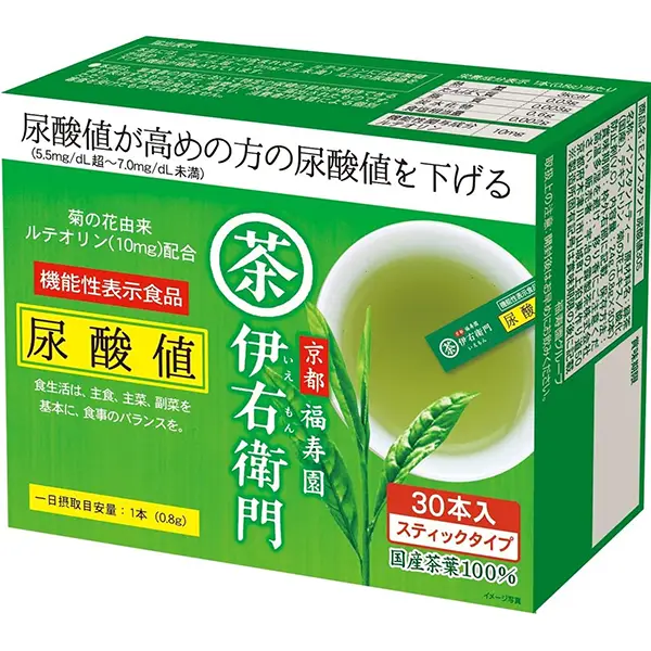 Iemon Functional Instant Green Tea “Uric Acid Levels” 30 Sticks, Made with 100% Domestic Tea Leaves  宇治の露 伊右卫门降低尿酸功能性食品速溶绿茶30支 百分百日本茶叶制成