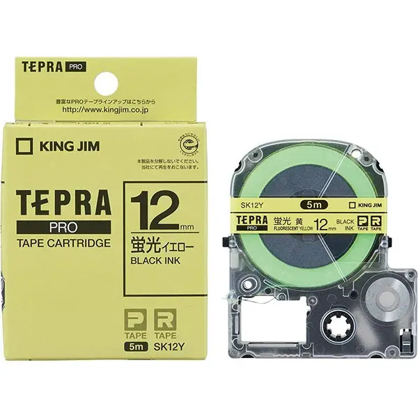 Kingjim Tepra Pro Tape Cartridge Color Label (Fluorescent Color) 12mm Fluorescent Yellow/Black Character Length 5M Sk12Y Kingjim Tepra Pro彩色标签(荧光色)片 透明盒式磁带式抽拉标签贴 TEPRA(tepura)PRO系列荧光黄底黑字Sk12Y[5米长 12毫米宽]